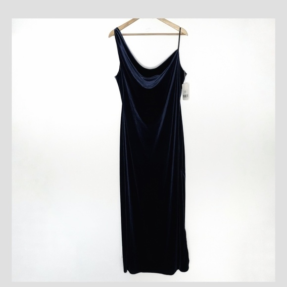 NWT Social Bridesmaids Blue Velvet Maxi Dress Slip Dress One Shoulder Occasion L - Picture 2 of 10
